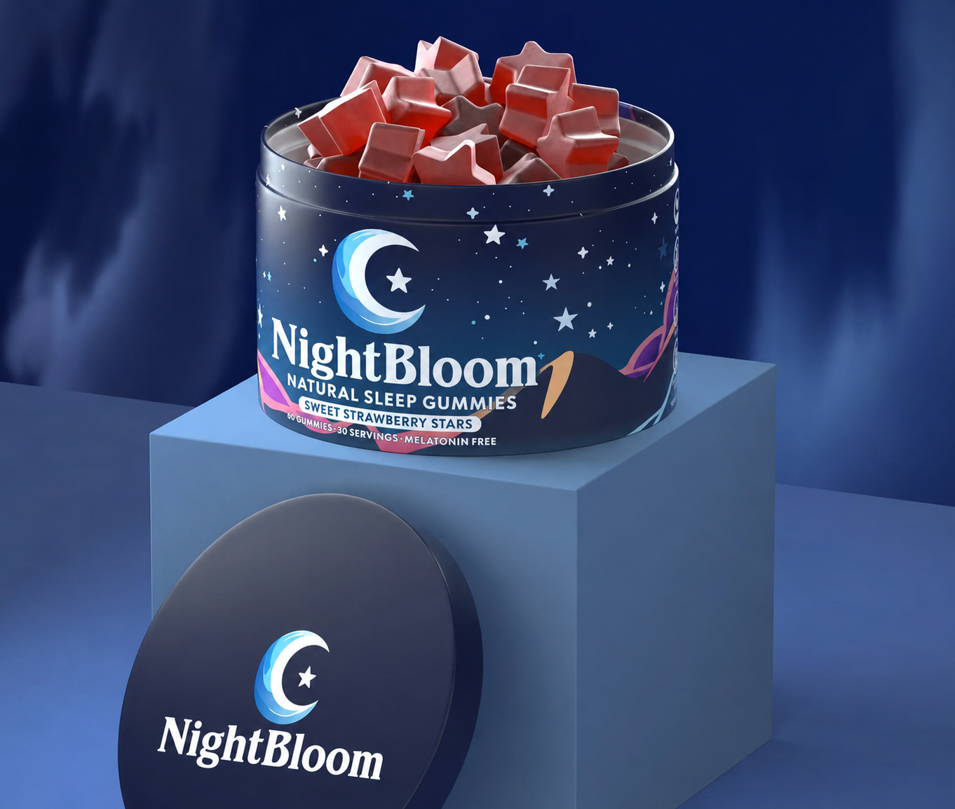 A tin of NightBloom Natural Sleep Gummies in sweet strawberry stars flavor, open on a pale blue pedestal.