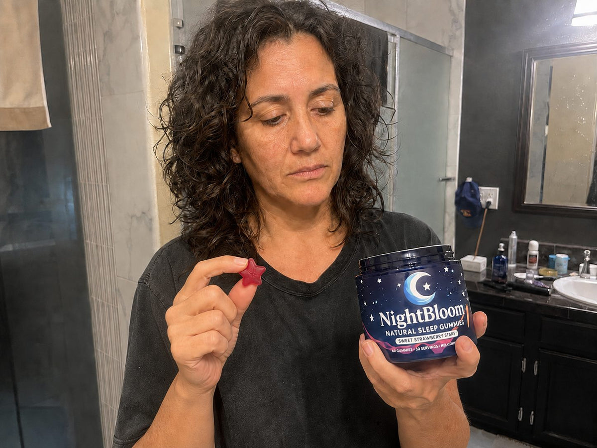 A woman making NightBloom part of her evening routine before bed