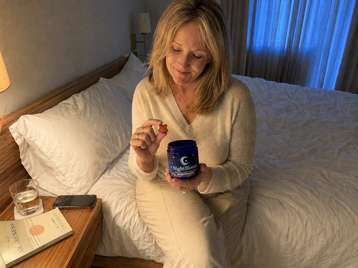 A woman keeping a consistent nightly wind-down routine in her bedroom
