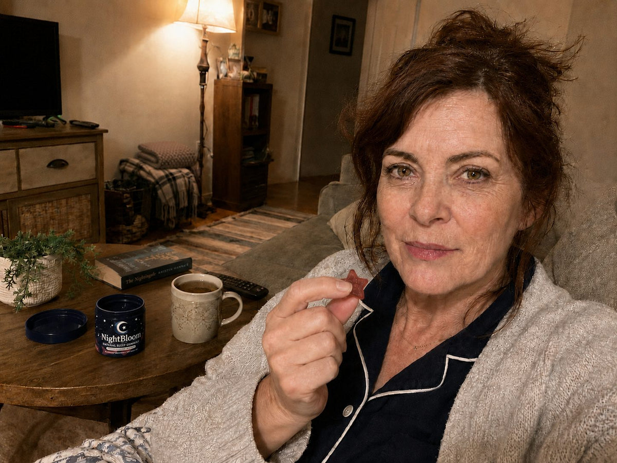 A woman winding down her evening at home with NightBloom on the side table