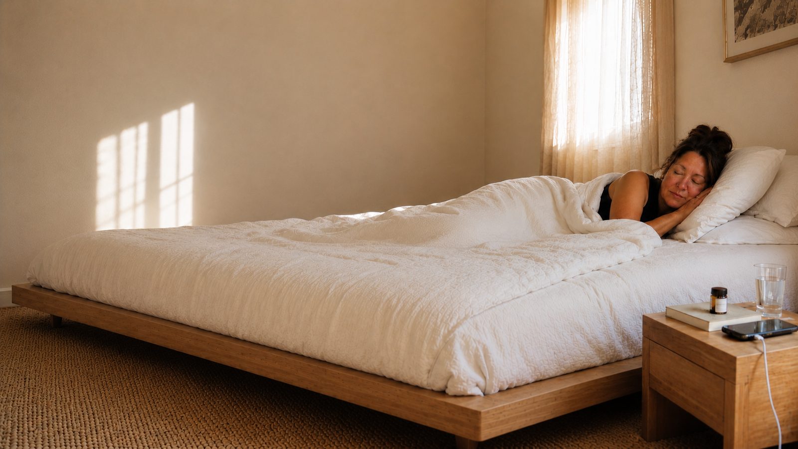 A woman sleeping peacefully through the night, the restful sleep NightBloom is designed to support