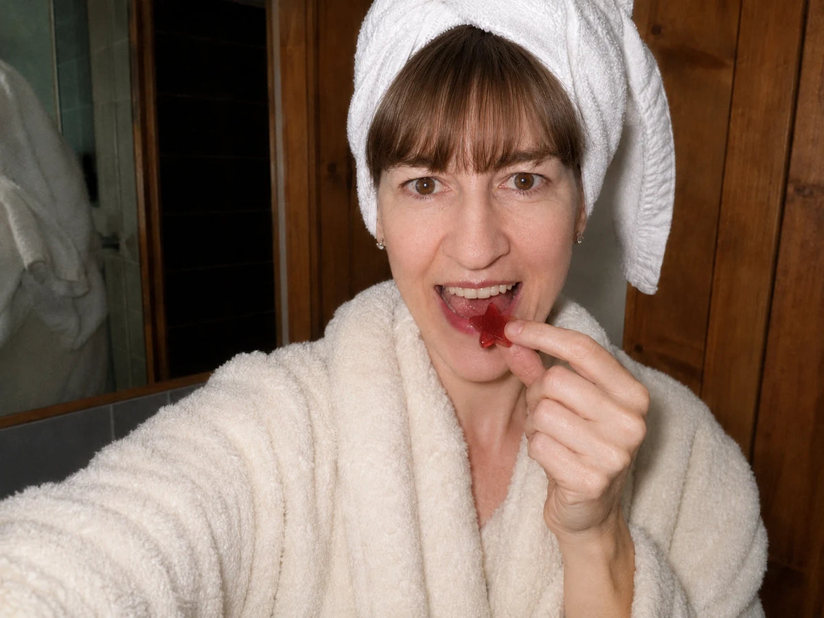 A woman in her calm post-shower evening routine before bed