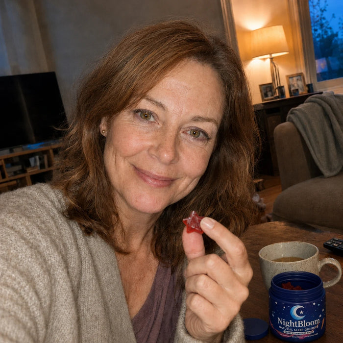 A NightBloom customer relaxing in her living room with the gummy jar