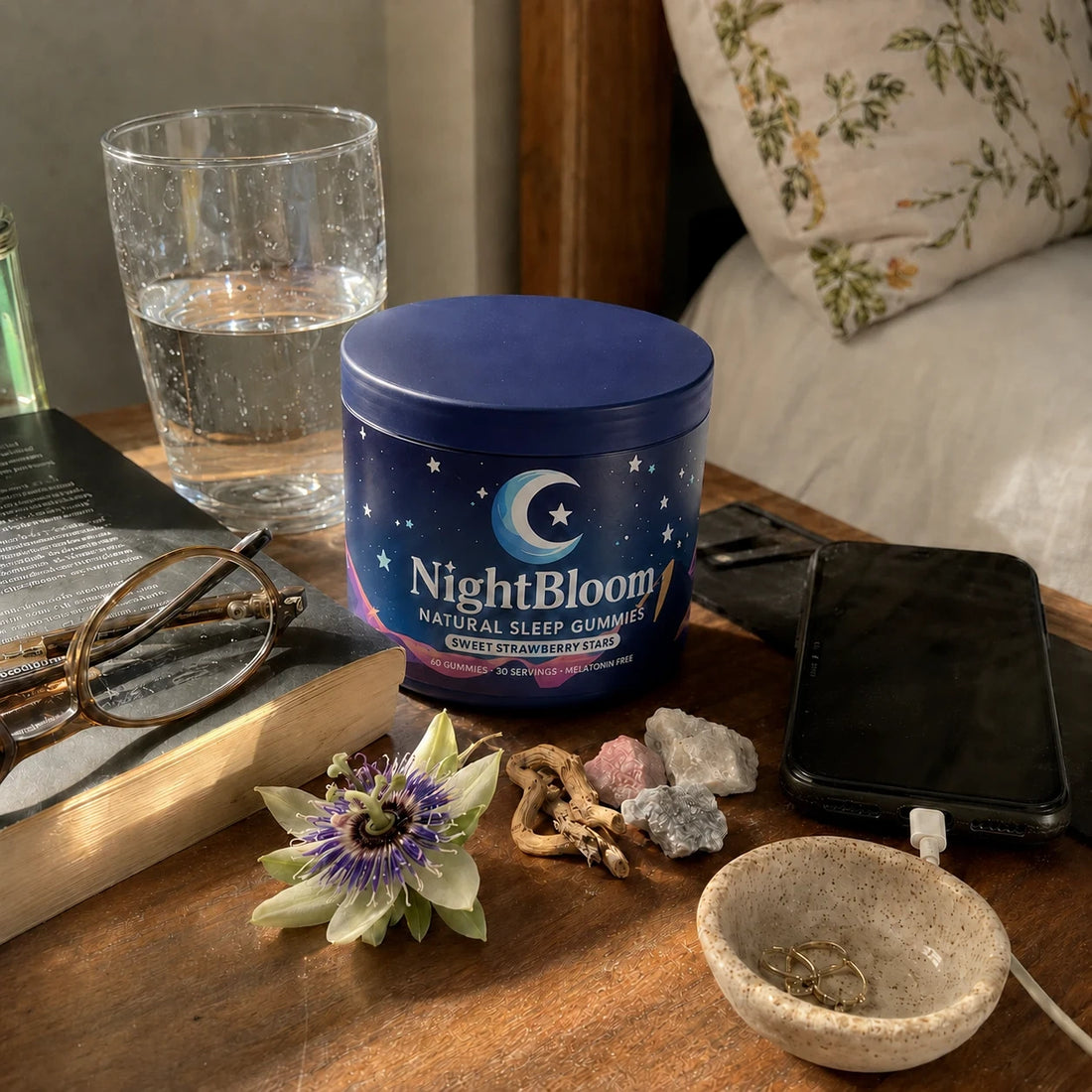 NightBloom Sleep Gummies jar in a calm bedside still-life